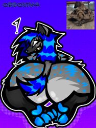 1girls ? anthro artist_name ass ass_focus big_ass blue_hair blue_nose blue_pawpads female female_focus furry fursona grey_fur grinning hyena looking_at_viewer looking_back original_character reference_image self_insert self_upload sharp_teeth solo solo_female solo_focus spiky_hair spotted_body spotted_fur spotted_hyena white_eyes
