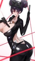 1girls absurdres alternate_costume ass big_breasts black_hair blush bodysuit breasts butt_crack double_bun dual_wielding female from_behind fumi gloves goddess_of_victory:_nikke gun hair_bun highres holding large_breasts looking_at_viewer mask mask_on_head multicolored_hair naughty_face quency_(escape_queen)_(nikke) quency_(nikke) red_eyes red_hair seductive_smile short_hair skin_tight smile solo submachine_gun weapon