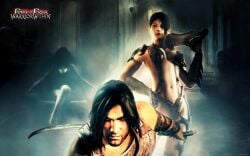 2d 2d_(artwork) armor armored_female big_breasts black_hair blue_eyes female prince_of_persia prince_of_persia_warrior_within shahdee short_hair the_prince_(prince_of_persia) weapon white_body