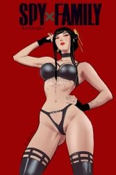 1girls artist_signature black_hair black_lingerie busty curvy hand_on_hip light-skinned_female lingerie red_eyeshadow red_lipstick richard_ortiz spy_x_family tammi_yuurei tattoo thighhighs yor_briar yor_forger