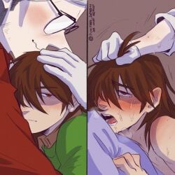 2boys 2koma bare_shoulders blush brown_hair crying deltarune glasses green_sweater holding_another's_hair hug humanized implied_sex kris_(deltarune) orgasm_face pointy_nose red_eyes red_jacket saliva steaming_body tenna_(deltarune) white_gloves white_skin yaoi