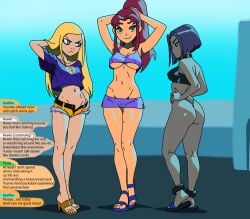3girls bikini blonde_hair cameltoe flip_flops fly_open ponytail purple_hair pussy_partially_visible raven_(dc) red_hair sandals short_shorts standing starfire sunnie teen_titans terra_(dc) thong