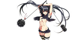 1girls black_hair club cutoffs denim denim_shorts dual_wielding female fingerless_gloves flat_chest gloves highres inagaki inagaki_(iii) kooh long_hair navel nipples no_panties open_clothes open_fly pangya pointy_chin puffy_nipples red_eyes ribs shorts skindentation solo striped striped_legwear striped_thighhighs thighhighs tied_hair twintails unzipped weapon