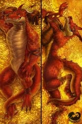 absurd_res animal_genitalia anthro ass black_claws chumbasket claws coin dragon finger_claws genital_slit genitals grin hi_res horn looking_at_viewer male male_anthro muscular muscular_anthro muscular_male mythological_creature mythological_scalie mythology narrowed_eyes nude red_body red_horn red_scales scales scalie smile solo tan_body tan_scales yellow_eyes