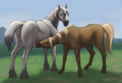 2025 ambiguous_gender animal_genitalia animal_pussy animal_vulva anus breastfeeding brown_body brown_fur clitoral_winking clitoris duo equid equine equine_genitalia equine_pussy equine_vulva feathering female female_(lore) feral fowler17 fur genitals grey_body grey_fur hi_res hooves horse mammal pussy teats zeituna_(horse)