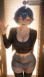 1girls :d ^_^ ahoge ai_generated arm_behind_back backlighting black_jacket black_shirt black_thighhighs blue_hair blush breasts cleavage closed_eyes collarbone crop_top cropped_jacket earrings facing_viewer grey_skirt hair_between_eyes hair_ornament hairclip hand_up indoors jacket jewelry large_breasts long_sleeves meitabuu midriff miniskirt navel open_clothes open_jacket open_mouth pencil_skirt shirt short_hair skindentation skirt smile solo standing teeth thighhighs thighs upper_teeth_only waving window window_blindsbelle_(zenless_zone_zero) zenless_zone_zero zettai_ryouiki