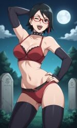 ai_generated ass bigmic145 black_hair boruto:_naruto_next_generations bra breasts bridal_gauntlets choker cleavage female glasses goth goth_girl gothic medium_breasts multicolored_hair naruto naruto_(series) navel panties red_hair sarada_uchiha tease teasing thighhighs