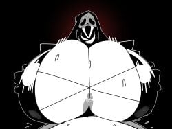 1girls behemaid breasts bursting_breasts cleavage covered_navel dead_by_daylight elbow_gloves female female_ghostface ghostface gigantic_breasts gloves greyscale hood huge_breasts hyper_breasts leotard mask monochrome navel nightmare_waifu paizuri penis red_eyes small_penis thighhighs thighs titjob yeehawt0wn