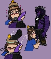 007n7 007n7_(forsaken) 2dicks blowjob burger_hat closed_eyes crown cum cum_in_mouth deepseatrenches forsaken_(roblox) glasses hand_on_hat hand_on_head hat headwear noli_(forsaken) on_knees penis purple_body purple_skin roblox sucking_penis two_dicks two_penis