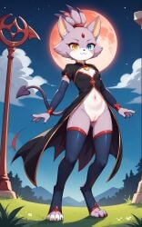 1girls 2025 ai_generated anthro blaze_the_cat blue_eyes digitigrade dress feline female female_only heterochromia hi_res low-angle_view moon night orange_eyes outdoors purple_fur sega slit_pupils smile sonic_(series) sonic_the_hedgehog_(series) succubus thighhighs white_fur