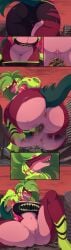 absurd_res big_breasts bodily_fluids breasts building building_sex city cityscape crush demon digital_media_(artwork) dino_devil dinosaur female hazbin_hotel hi_res macro missi_zilla open_mouth prehistoric_species reptile scalie sex size_difference smile solo son2j