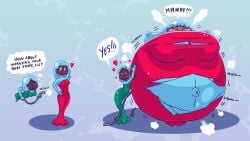 air_inflation ashamedscreen belly big_belly big_breasts breasts cleavage full_body_inflation gigi_(mario) huge_belly hyper_belly inflation jellyfish_sisters mario_(series) mario_and_luigi_(series) merri_(mario) nonude spherical_inflation tight_clothing