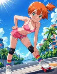 2025 4kids_entertainment ai_generated anime belly bikini_under_shorts blue_hairband city_background closed_mouth closed_mouth_smile deviantart elryusam green_eyes_female hand_on_hip hand_on_leg kasumi_(pokemon) looking_at_viewer meta mouth_closed nintendo orange_eyebrows orange_ponytail pink_bikini pink_shorts pokemon rainbow_socks red_cheeks smile_at_viewer smiling_at_viewer sports_legwear tummy white_shoes