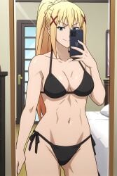 ai_generated alone bed bedroom bikini bikini_bottom bikini_top black_bikini darkness_(konosuba) female female_focus female_only kono_subarashii_sekai_ni_shukufuku_wo! looking_at_viewer mirror mirror_reflection mirror_selfie phone pinku.ai selfie smirk