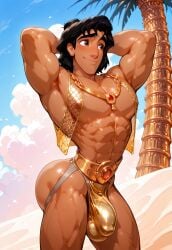 abs aladdin aladdin_(1992_disney_film) aladdin_(character) armpits arms_up ass ass bara belt biceps big_ass big_biceps big_butt big_pecs bubble_ass bubble_butt cloud desert disney disney_prince gay gold_(metal) gold_jewelry jewelry jockstrap jockstrap_only male_focus male_only man_boobs muscles muscular_arms muscular_legs muscular_male muscular_thighs necklace obliques outdoors outside palm_tree revealing_clothes shiny_skin sky solo solo_focus solo_male underwear yaoi