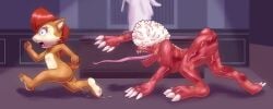 absurd_res ambiguous_gender anthro ass bodily_fluids capcom chipmunk crying female feral ground_squirrel hi_res inside licker_(resident_evil) mammal maverick nipples nude peeing peril resident_evil rodent running sally_acorn scared sciurid sega sonic_the_hedgehog_(series) tears