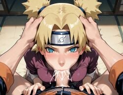 ai_generated blowjob blowjob_pov blue_eyes blush blush cum cum_in_mouth cum_inside fishnet fishnet_legwear fishnets grabbing grabbing_head headband naruto naruto_(classic) naruto_(series) naruto_shippuden overflow overflowing_cum penis quad_tails temari uzumaki_naruto