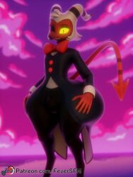 2024 2_horns 3:4 3d_(artwork) 5_fingers big_bulge black_clothing bulge clothing demon digital_media_(artwork) eyebrows feversfm fingers hair hellaverse helluva_boss hi_res horn imp looking_at_viewer male moxxie_(helluva_boss) not_furry one_eye_closed red_body red_skin solo tail teeth text url white_hair wide_hipped_male wide_hips