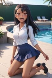 1girls :d ai_generated artist_name bare_legs black_footwear black_hair blue_skirt blush breasts brown_eyes collared_shirt dark-skinned_female dark_skin dress_shirt earclip fangs full_body hair_ornament hairclip hayase_nagatoro hi_res kneeling loafers long_hair looking_at_viewer medium_breasts nagatoro_hayase nail_polish oerba_yun_fang open_mouth outdoors patreon_username plant please_don't_bully_me,_nagatoro pleated_skirt pool r34arts red_nails school_uniform shadow shirt shoes skirt smile solo tan teeth twitter_logo water white_shirt