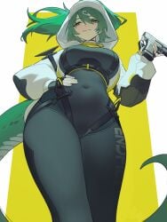 1girls absurdres arknights arknights:_endfield black_bodysuit black_gloves bodysuit border breasts closed_mouth commentary covered_navel distr english_commentary female female_only fingerless_gloves fluorite_(arknights:_endfield) from_below gloves green_eyes green_hair gun hair_between_eyes hair_ornament hand_on_own_hip highres holding holding_gun holding_weapon hood hood_up hooded_shrug large_breasts long_hair looking_at_viewer looking_down shrug_(clothing) smile snake_tail solo solo_female tail weapon white_border white_shrug yellow_background