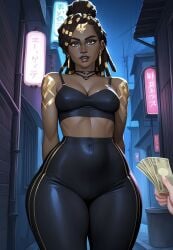 1girls african_female ai_generated alley arcane arcane:_league_of_legends ayyaai belly_button brown_skin child_bearing_hips cleavage cropped_shirt dark-skinned_female dark_skin eye_contact fat_thighs fully_clothed gold_jewelry golden_eyes hands_behind_back hourglass_figure league_of_legends leggings looking_at_viewer medium_breasts mel_medarda money night pov prostitution thick_thighs wide_hips
