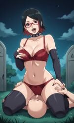 ai_generated ass bigmic145 black_hair boruto:_naruto_next_generations bra breasts bridal_gauntlets choker cleavage facesitting female glasses goth goth_girl gothic medium_breasts multicolored_hair naruto naruto_(series) navel panties red_hair sarada_uchiha tease teasing thighhighs