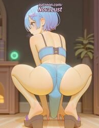 1futa 2025 ai_generated artist_name blue_eyes blue_hair blurry blurry_background blurry_foreground bra depth_of_field from_behind futanari hair_ornament hi_res high_quality high_resolution highres indoors intersex looking_back novalust patreon patreon_username plant potted_plant re:zero_kara_hajimeru_isekai_seikatsu rem_(re:zero) sandals short_hair solo squatting stable_diffusion underwear watermark x_hair_ornament