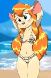 anthro beach big_breasts bikini blonde_hair blue_eyes blush breasts chip_'n_dale_rescue_rangers clothing disney female frilly frilly_clothing frilly_swimwear gadget_hackwrench hi_res killy00 long_hair mammal micro_bikini mouse murid murine navel rodent seaside solo swimwear