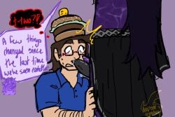 007n7 007n7_(forsaken) 2_penises before_blowjob blush burger_hat deepseatrenches dialogue diphallia diphallism forsaken_(roblox) glasses gray_penis hat headwear male multi_genitalia multi_penis noli_(forsaken) on_knees penis purple_body purple_penis purple_skin roblox roblox_game robloxian suprised tagme text text_box text_bubble