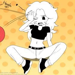 1girls beaniebearz bruise clutching_head crop_top emberbaye female hand_on_head jeans monochrome_characters simple_background sitting text youtube youtuber