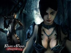 2d 2d_(artwork) armor armored_female big_breasts black_hair blue_eyes female prince_of_persia prince_of_persia_warrior_within shahdee short_hair weapon white_body