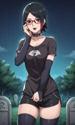ai_generated ass bigmic145 black_hair boruto:_naruto_next_generations breasts bridal_gauntlets choker female glasses goth goth_girl gothic medium_breasts multicolored_hair naruto naruto_(series) red_hair sarada_uchiha shorts t-shirt tease teasing thighhighs