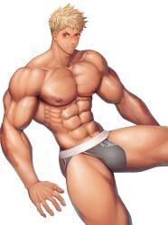 1boy abs absurd_res bara beefy biceps big_areola big_breasts big_bulge blonde_hair blush breasts broad_shoulders bulge bulge_through_clothing collarbone frown gay hi_res hunk jockstrap looking_at_viewer male male_breasts male_only manly mature_male meisho_hanten muscles muscular muscular_arms muscular_legs muscular_male muscular_thighs navel nipple_piercing oppai original original_character pecs pierced_nipples piercing quadriceps red_eyes scar scar_across_eye scar_on_arm scar_on_face short_hair sitting six_pack tough_guy triceps veiny_arms veiny_chest veiny_legs very_high_resolution white_background wide_eyed yaoi