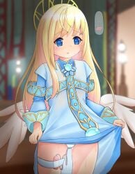 angel blonde_hair blue_dress blue_eyes blush breath chisamitsushi clothes_lift dress emil_chronicle_online female halo highres long_hair outdoors panties pussy_juice raised_inner_eyebrows sex_toy tita_(eco) underwear vibrator vibrator_in_thigh_strap white_panties