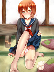 baka_to_test_to_shoukanjuu blush brown_hair bulge crossdressing femboy flashing green_eyes hair_ornament hairclip kinoshita_hideyoshi male male_only panties penis pillow school_uniform serafuku skirt solo stockings sweat table thighhighs trap underwear