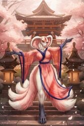 anthro areola barely_visible_breasts barely_visible_genitalia barely_visible_vulva biped blue_stripes breasts cherry_blossom clothing dead.akira deity dress female female_anthro flower fluffy genitals heterochromia humanoid_genitalia humanoid_vulva lamp lantern markings nipples non-mammal_breasts non-mammal_nipples petals pink_body pink_clothing pink_dress plant pose prunus_(flower) pussy raised_hands red_markings reptile scalie snake snake_hood stripes temple translucent translucent_clothing translucent_dress tree vulva walking white_body