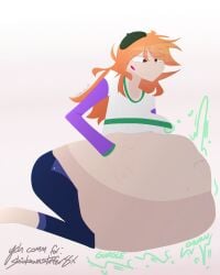 big_belly brown_eyes cassette_beasts female female_pred ginger green_hat hat irish irish_female jeans kayleigh_(cassette_beasts) licking_lips long_hair long_sleeves messy_hair orange_hair shxtfacedkiwiixx smug text vore vore_belly ych_result