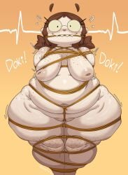 big_breasts breasts brown_hair female freckles inverted_nipples kryadrawgin original_character pussy restrained rope sharp_teeth wide_hips