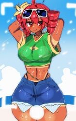 1girls 2d 2d_(artwork) :3 ahoge alternate_skin_color arms_up belly big_breasts big_thighs bra brazilian brazilian_female breasts crop_top daisy_dukes dark-skinned_female denim_shorts dore2801 exposed_belly female female_only flower_in_hair g-string hourglass_figure huge_thighs kasane_teto large_breasts large_thighs navel plump plump_thighs red_eyes red_hair see-through short_sleeves shorts simple_background slim_waist small_waist solo solo_female sunglasses sunglasses_on_head sweat sweating tan_body tanline tanned tanned_skin thick_thighs thighs thong twin_drills utau wide_hips