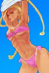 1girls arm_up armpit bikini blonde_female blonde_hair braid breasts cammy_white capcom female female_only scar scar_on_face street_fighter street_fighter_6 swimsuit swimwear tagme tan tan_body tan_skin tanline tanned tanned-skinned_female yuenibushi