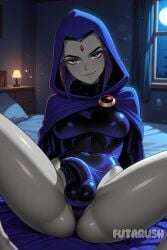 1futa ai_generated bed bedroom bulge futanari futarush grey_body grey_skin indoor indoors intersex patreon patreon_url patreon_username purple_eyes purple_hair raven_(dc) raven_(teen_titans) sultryspark teen_titans