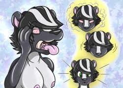 animate_inanimate anthro black_body black_fur black_hair clothing female fox0808 fur gender_transformation human human_to_anthro hypnotic_eyes interspecies latex living_clothing living_latex male male/female mammal mephitid mtf_transformation nipples nude paws pink_nipples skunk solo suit suit_transformation tongue transformation white_body white_fur