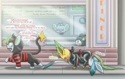 69_position blush bondage bondage bound charlx charly-sparks chespin dialogue diner eeveelution emolga exhibitionism female feral forced forced_oral generation_4_pokemon generation_5_pokemon generation_6_pokemon glaceon group hi_res humiliation latex leafeon luxio male minccino nintendo oral pokemon pokemon_(species) public public_humiliation restaurant sex shinx walking