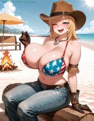 ai_art ai_assisted ai_generated american_flag_bikini bare_shoulders beach beach_umbrella belt bikini bikini_top_only blonde_hair blue_eyes blue_sky blush breasts brown_belt brown_gloves brown_headwear cleavage cloud collarbone cowboy_hat day dead_or_alive denim female fire flag_print gloves hat huge_breasts jeans jewelry looking_at_viewer medium_hair navel necklace ocean one_eye_closed open_mouth oujisan outdoors pants patreon patreon_url patreon_username sand self_upload sitting sky smile solo solo_focus stomach strap_pull sun swimsuit tagme teeth tina_armstrong umbrella