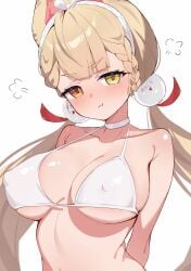 :t alice_thymefield animal_ears arms_behind_back bikini bitseon blonde_hair braid breasts choker closed_mouth collarbone commentary covered_erect_nipples female fox_ears fox_girl heterochromia highres large_breasts long_hair looking_at_viewer pout puff_of_air red_eyes solo swimsuit twintails upper_body white_bikini white_choker yellow_eyes zenless_zone_zero