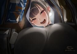 1girls alone_belm artist_name big_breasts black_choker black_hair breasts choker dated female from_below goddess_of_victory:_nikke highres large_breasts long_hair looking_at_viewer looking_down open_mouth orange_eyes solo solo_female sora_(nikke) twintails twitter_username upper_body