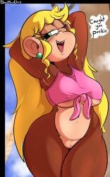 absurd_res anthro artist_name blonde_hair bottomless clothed clothing davidsanchan dialogue dixie_kong donkey_kong_(series) ear_piercing female genitals hair hands_behind_head haplorhine hi_res kong long_hair looking_at_viewer mammal monkey navel nintendo nipple_outline one_eye_closed piercing primate pussy smile solo speech_bubble text thick_thighs topwear vulva wide_hips