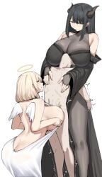 1boy 1boy2girls 2girls 2girls1boy angel angel_wings black_hair blonde_hair cfnm clothed_female_nude_male demon demon_girl demon_horns femdom ffm_threesome halo horns kemomimimof_(narodenden) large_breasts larger_female narodenden paizuri paizuri_lead_by_female smaller_male tagme taller_female taller_girl yellow_eyes