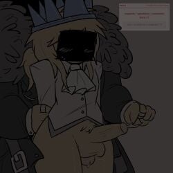 2boys blue_crown blush crown dream_game face_covered foreplay forsaken_(roblox) fur hat headwear itrapped itrapped_(forsaken) mafioso_(dream_game) no_pants penis playing_with_penis precum precum_string request ring ring_on_finger roblox roblox_game robloxian spawn_freak strawpage_request sweat sweating tagme