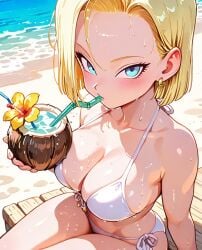 2025 ai_generated android_18 anime beach_background belly blonde_eyebrows blonde_hair_female blue_eyes_female blushing_at_viewer coconut_drink crunchyroll dragon_ball drinking_water glaring_at_viewer golden_earrings instagram looking_at_viewer manga meta pink_cheeks sitting_on_chair staring_at_viewer toei_animation tummy unknown_artist wet_bikini wet_body wet_hair wet_skin white_bikini